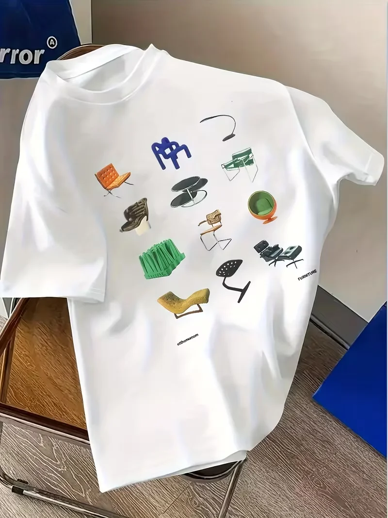 Classic Furniture Print T-Shirt, Creative Chair Graphic Crew Neck Short Sleeve,Men Women Unisex Casual Summer Top for Daily Wear