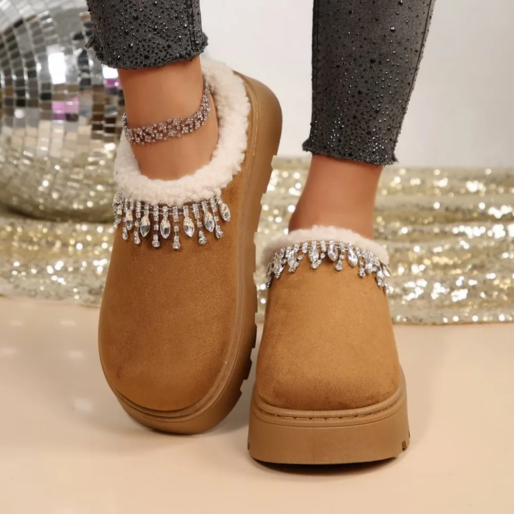 Strass Dekoration Baumwolle Plattform Hausschuhe Frauen Herbst Winter Plüsch Warme Baumwolle Schuhe Frau Plus Größe Anti Slip Schnee Stiefel