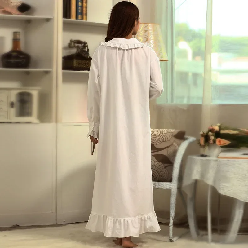 Vintage Nightgowns Dressing Gown Nightdress Pure Cotton Victorian White Night Dress Women Spring Fall Long Sleeve Robe Peignoir