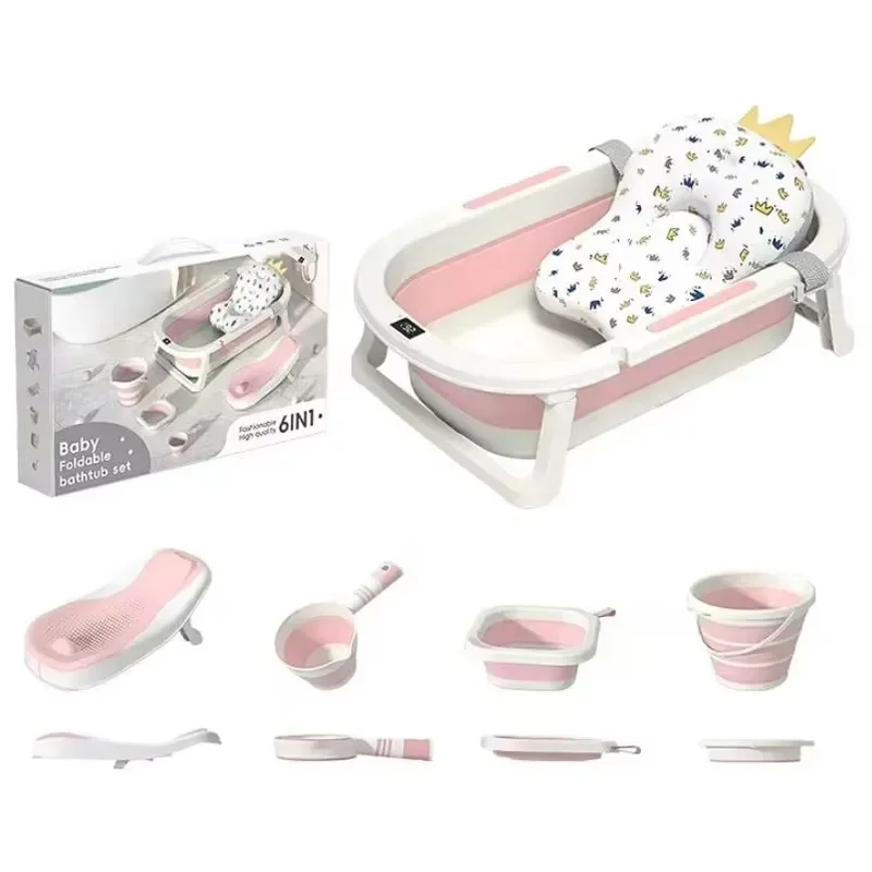 Multifunctional 6 in 1 Foldable TPE Baby Bath Set, Non-Slip Newborn Spa Bath, Water Spoon, Thermometer, Children's Shower