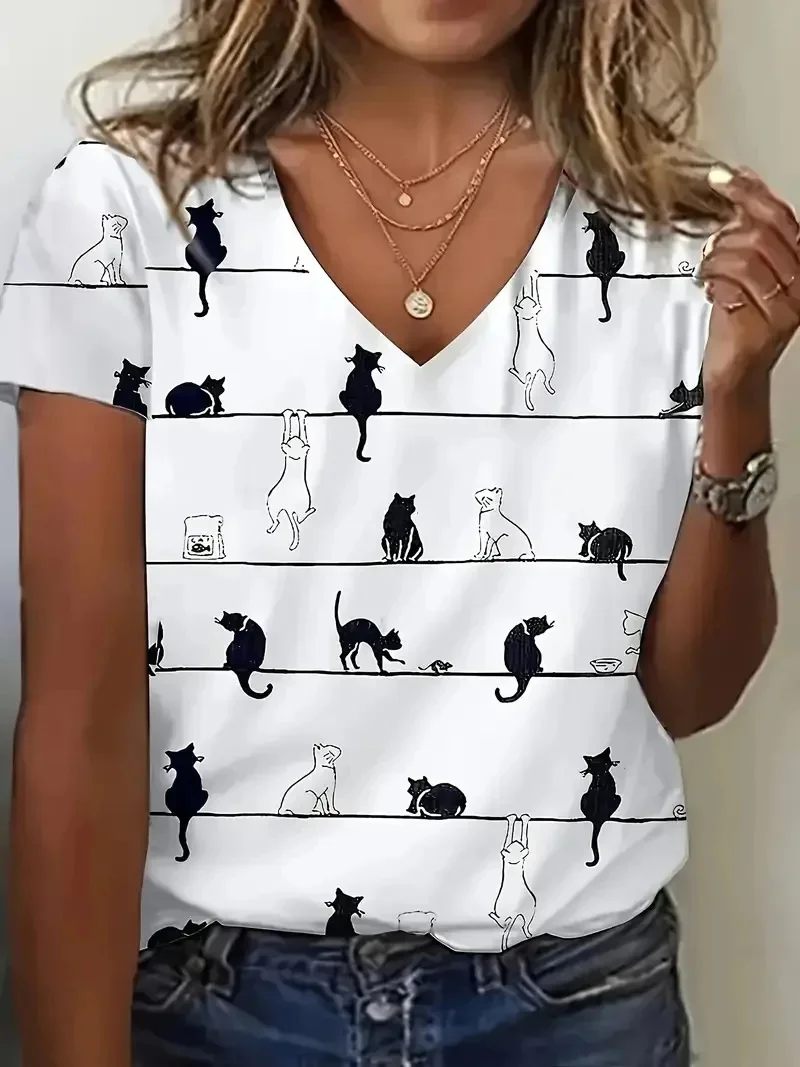 

Summer Women's T Shirt Cat Pattern Printed V-Neck Short Sleeved T-Shirts for Women Top Loose Oversized T-Shirts Women Clothes