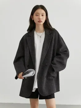 CHIC VEN Women's Woolen Coats Loose Casual Double Breasted Retro Double-sided Jacket Office Lady Outerwear Autumn Winter 2026 2