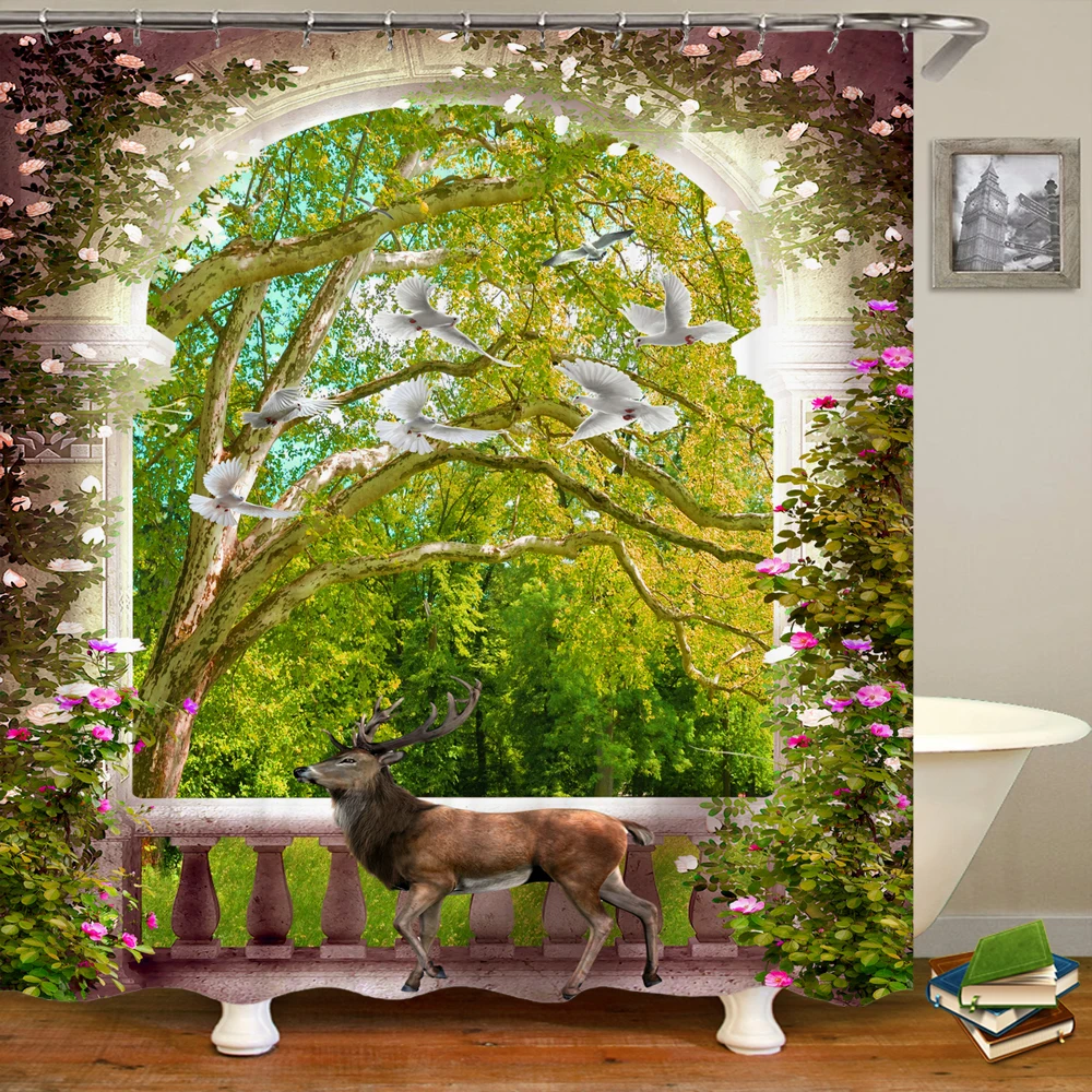 

European Architecture Arch Shower Curtain Sea view Green Plants Flowers sea View Waterproof Shower Curtain Bathroom Decoration