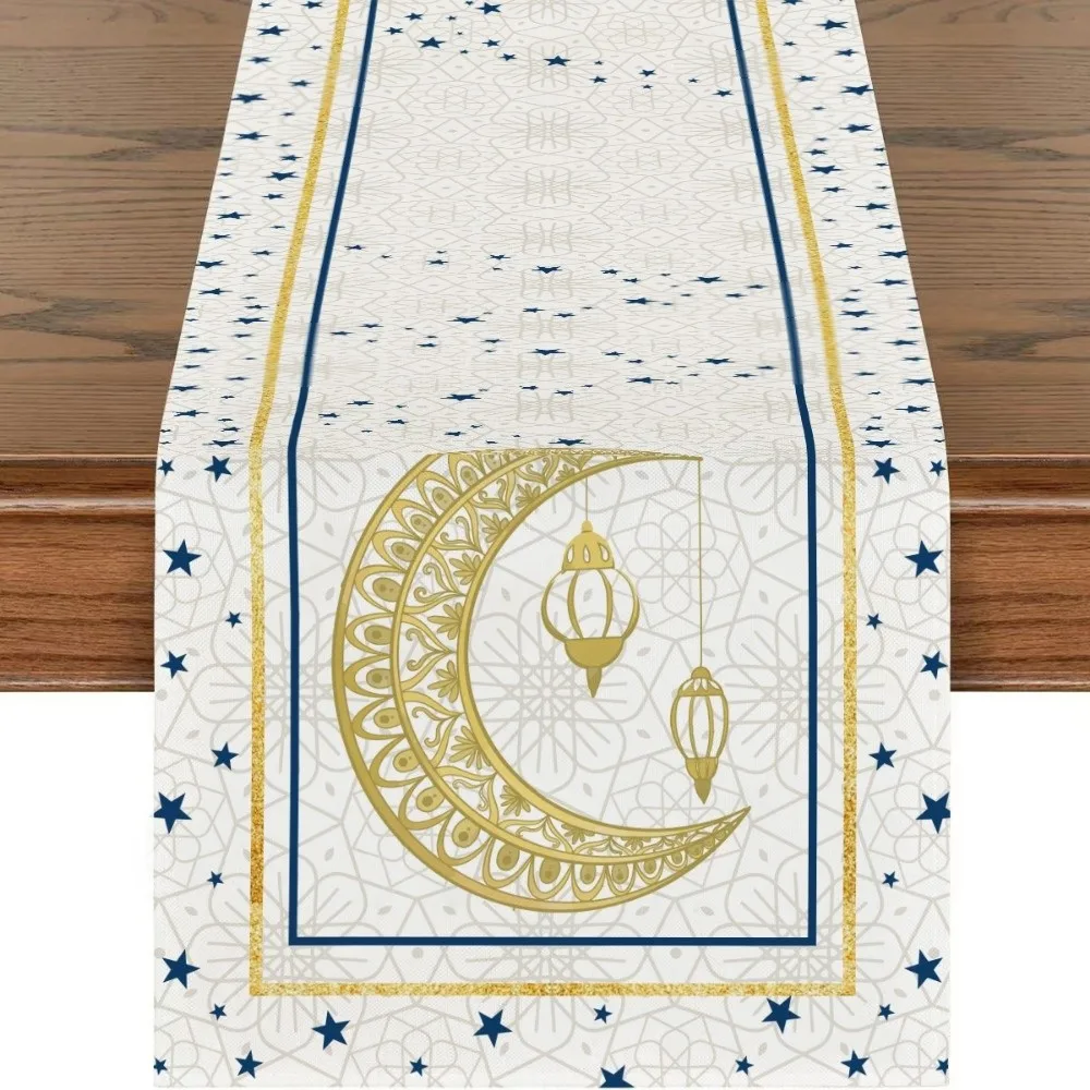 Vintage Ramadan Table Runner 2D Single Print Washable Eid Mubarak Table Runner Watercolor Flowers Floral Crescent Moon