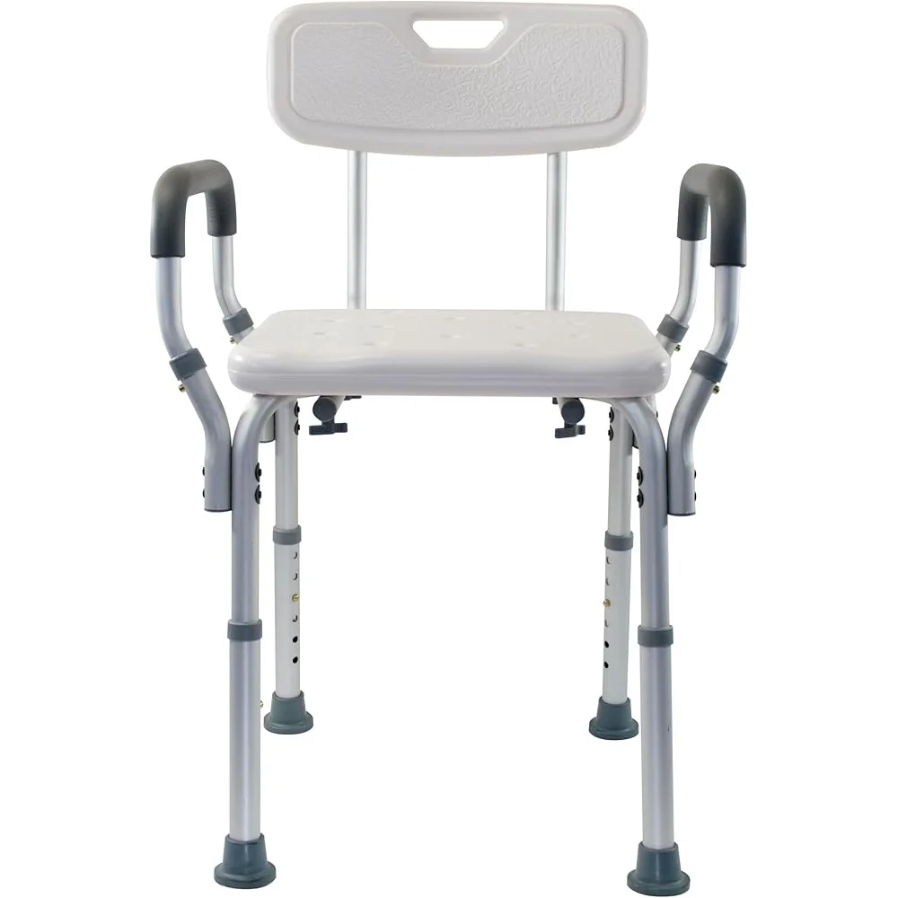 เก้าอี้อาบน้ำปรับระดับความสูงได้ พร้อมที่วางแขนบุนุ่ม พนักพิงโค้งตามรูปร่าง ที่นั่งมีพื้นผิว โครงอะลูมิเนียมแข็งแรง อุปกรณ์ช่วยพยุงตัวในห้องน้ำ