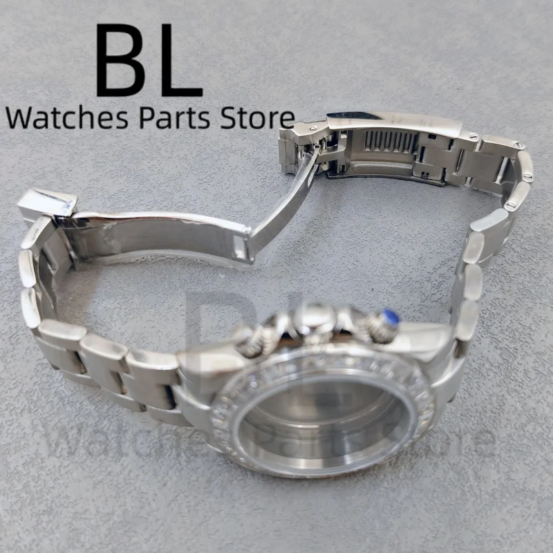 BLIGER 39MM VK63 Silver Watch Case Diamond Insert Ring Sapphire Glass 5 BAR For VK63 Quartz Chronograph Movement Steel Bracelet