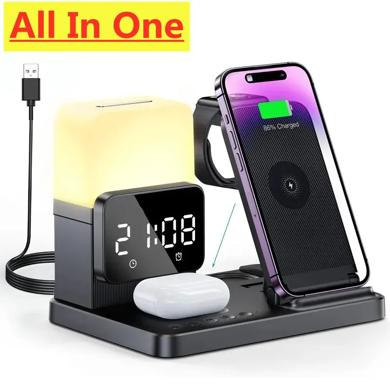 6 In 1 Wireless Charger Stand Pad Alarm Clock Lamp Foldable Fast Charging Dock Station for iPhone 14 13 12 11 IWatch 8 7 AirPods