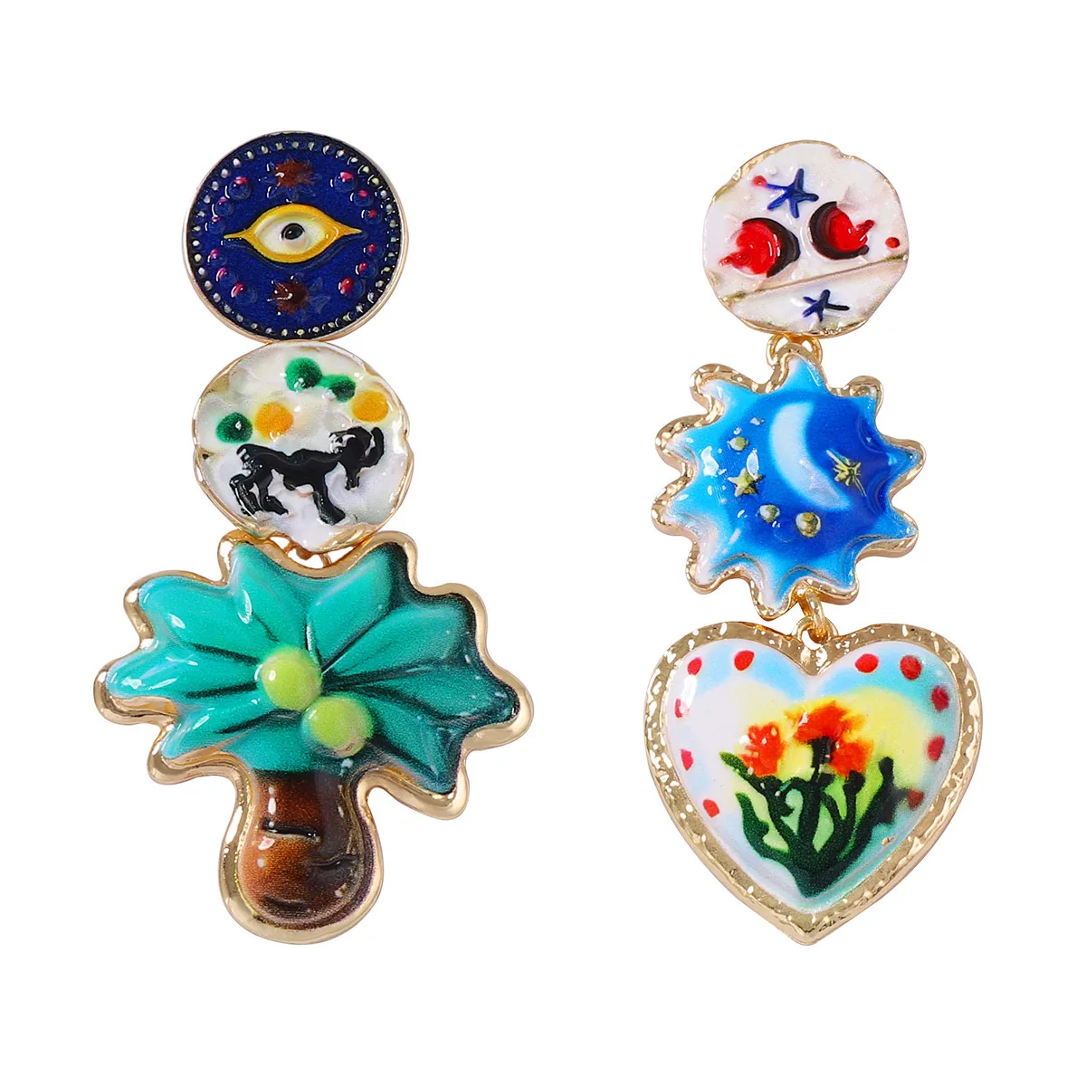 

ZAA Vintage Design Alloy Drop Oil Palm Tree Painting Flower Long Dangle Earrings for Women Holiday Party Jewelry Gifts