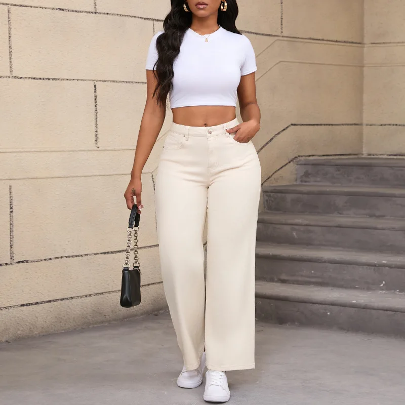 

Fashionable Print High-Waist Elastic Denim Jeans Autumn New Arrival Women's Stretchy Wide Leg Long Pants Ladies Denim Trousers