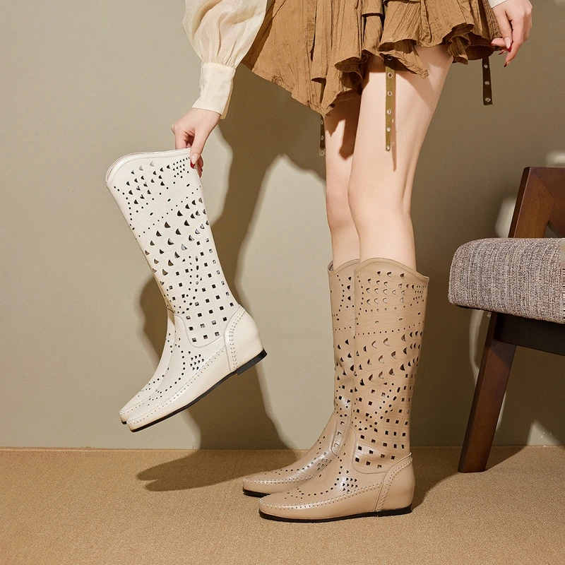 

Women's new spring and summer leather cowhide high rise mid heel plus knee side zipper high leg boots breathable cool boots