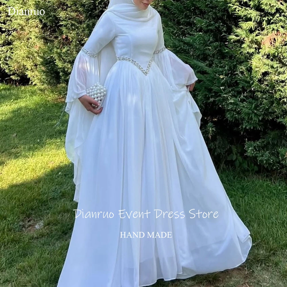 Dianruo فساتين سهرة متواضعة بيضاء كريستالية بأكمام طويلة على شكل حرف A رداء حفلات شيفون متطور فيستدوس فورماليس مخصص