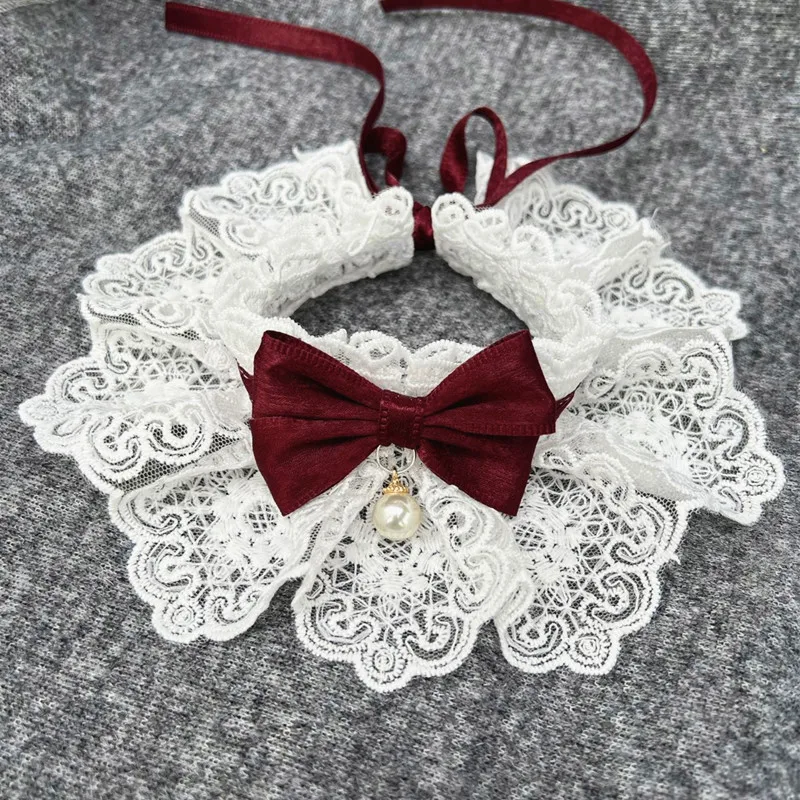 Sweet Bowknot Lace Cat Dog Collar Bibs With Pearl Adjustable Scarf Neckerchief for Small Dogs Puppy String Neck Strap Accessory