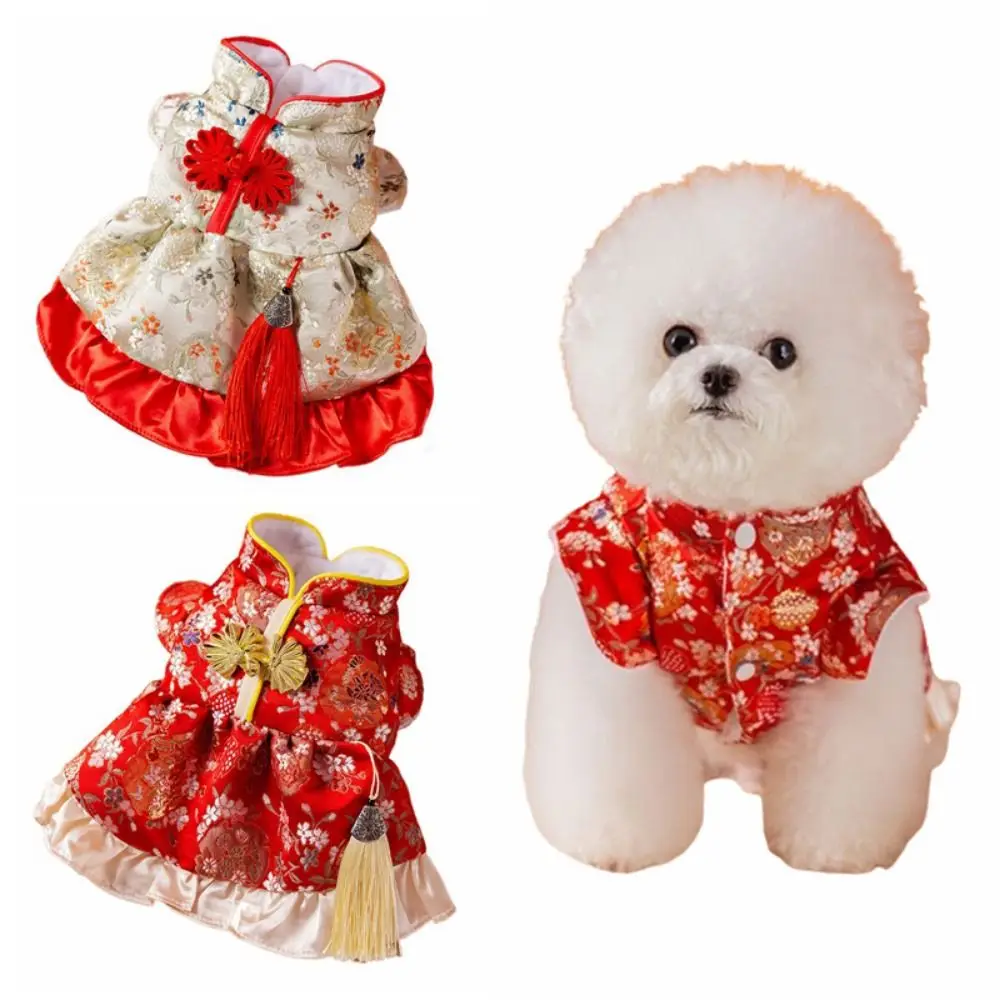 Chinese Style New Year Pet Dress Plush Creative Pet Princess Skirt 4 Size Wind Resist Cat Warm Vest Chinese New Year