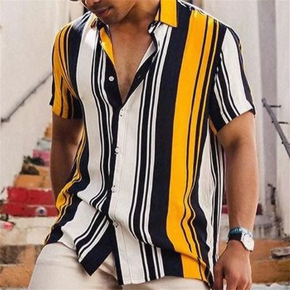 Camisa masculina de manga curta listrada com botão impresso, lapela, confortável e macia camisa havaiana, férias de lazer de verão