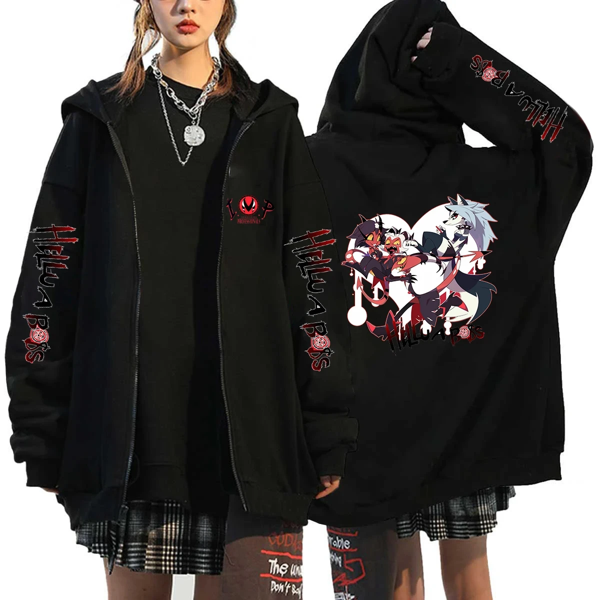 Sudadera con capucha para amantes del anime, estilo Helluva Boss, estampado 2D negro, informal