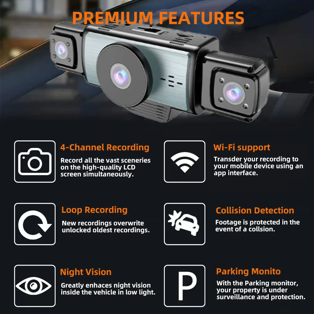 E-ACE 4 Lens 360° Dash Cam For Cars Car DVR 1080P 4-Channel Front Camera Video Recorder Optional Rear View Camera Black Box
