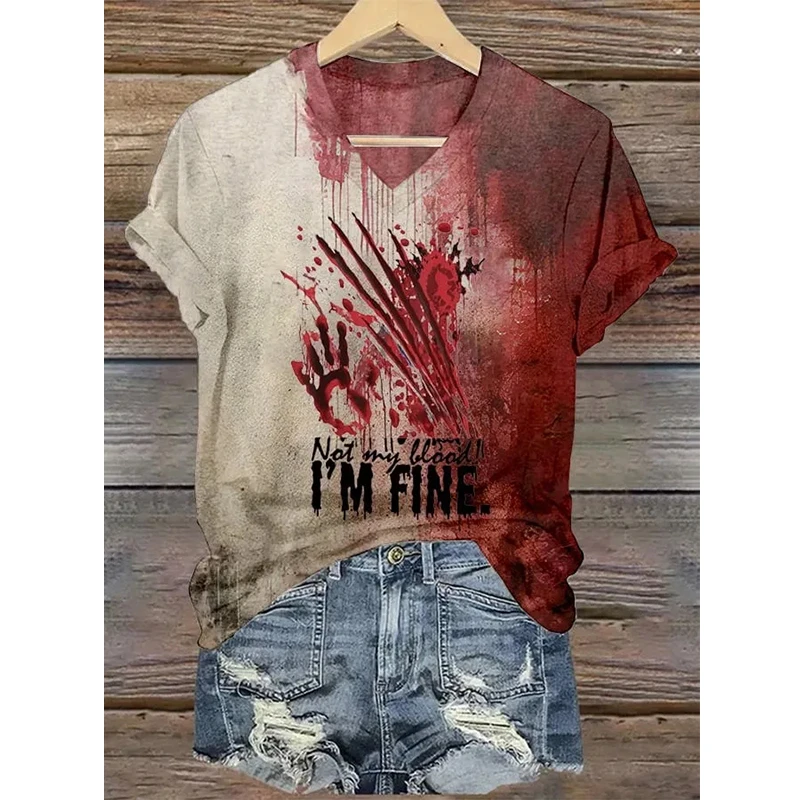 Fashion Men's T-shirt 2024 Men Women 3d Blood Letter Print Street Vintage V Neck Tee Shirt Female Clothing Oversized Summer Tops