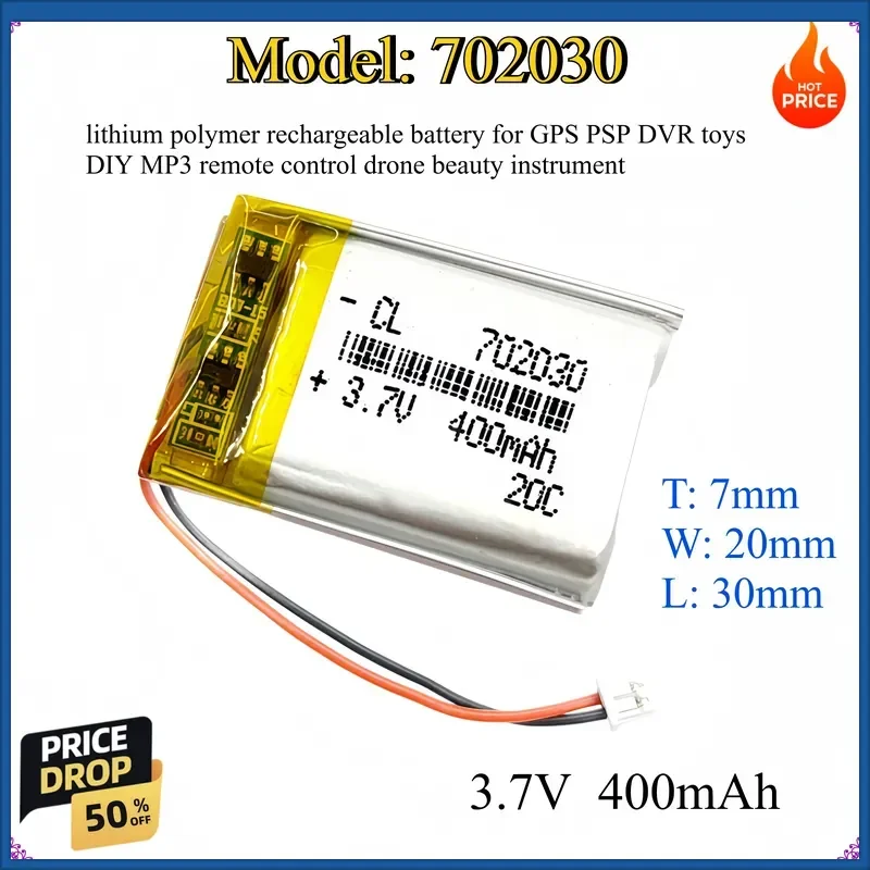 702030 3.7V 400mAh lithium polymer rechargeable battery for GPS PSP DVR toys DIY MP3 remote control drone beauty instrument