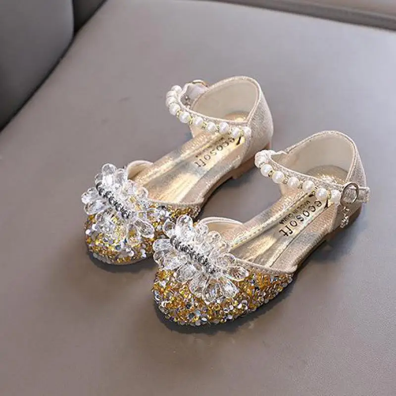 Sandali piatti con paillettes per bambini nuova ragazza sandali con diamanti principessa scarpe in pelle per bambini scarpe da ballo con perle