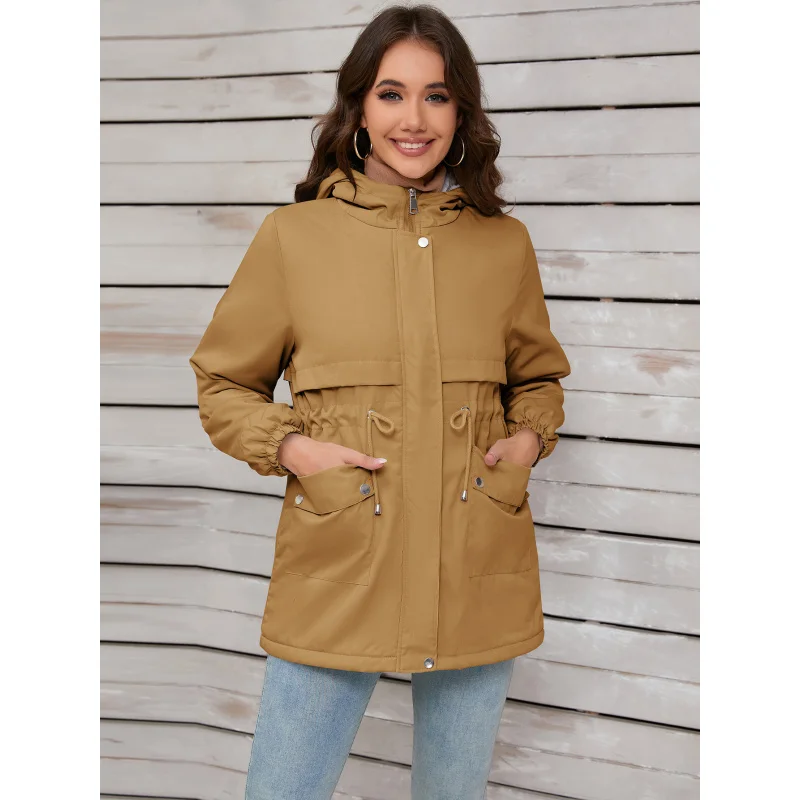 Women's Wool Lining With Hooded Zipper Coat, Autumn And Winter, Warm, Thickened, Hardshell Jacket