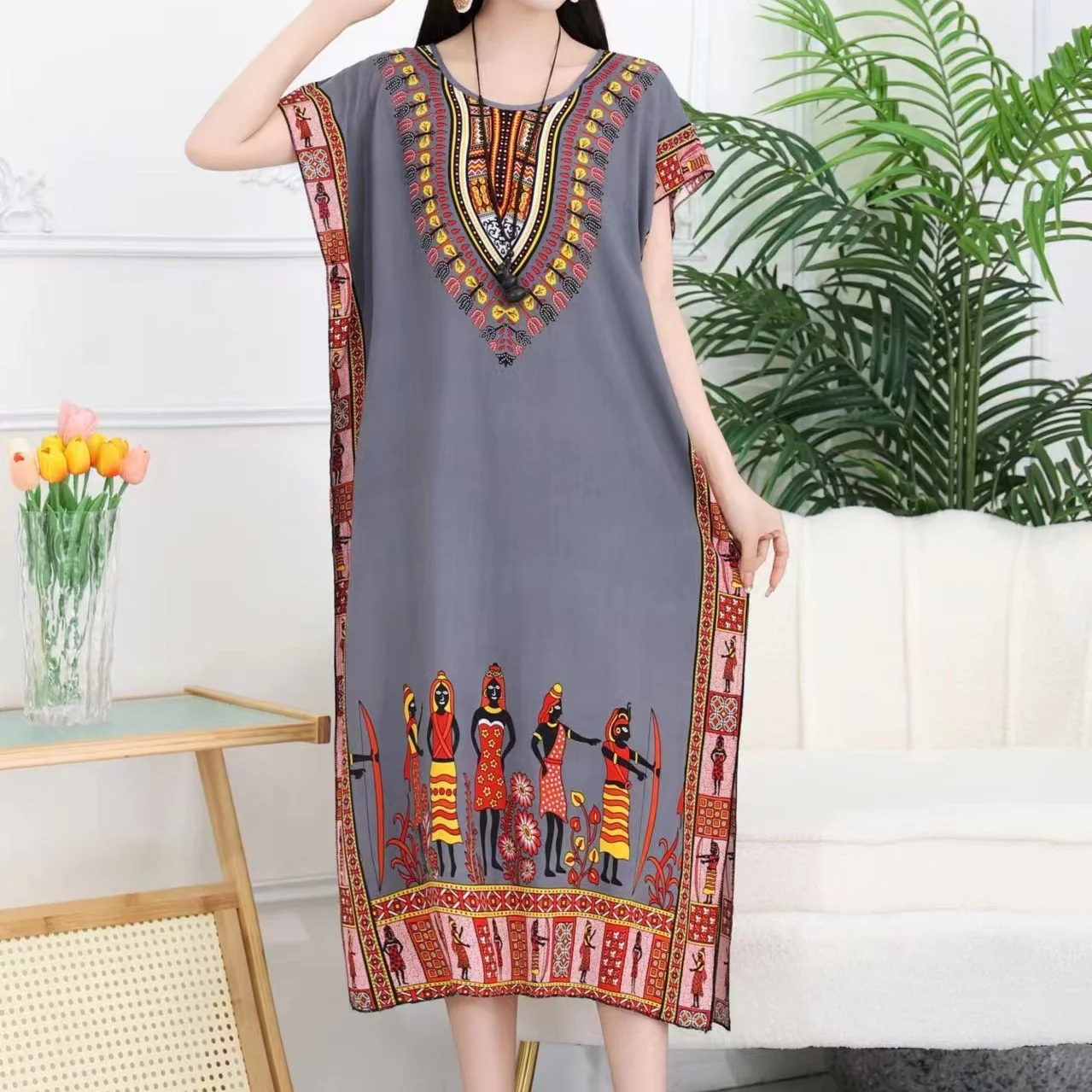 Elegant Lady's Straight Dress O-Neck Short Sleeve Black Dress Casual Matching Women's Loose Dress Retro Print Bohemian Dresses