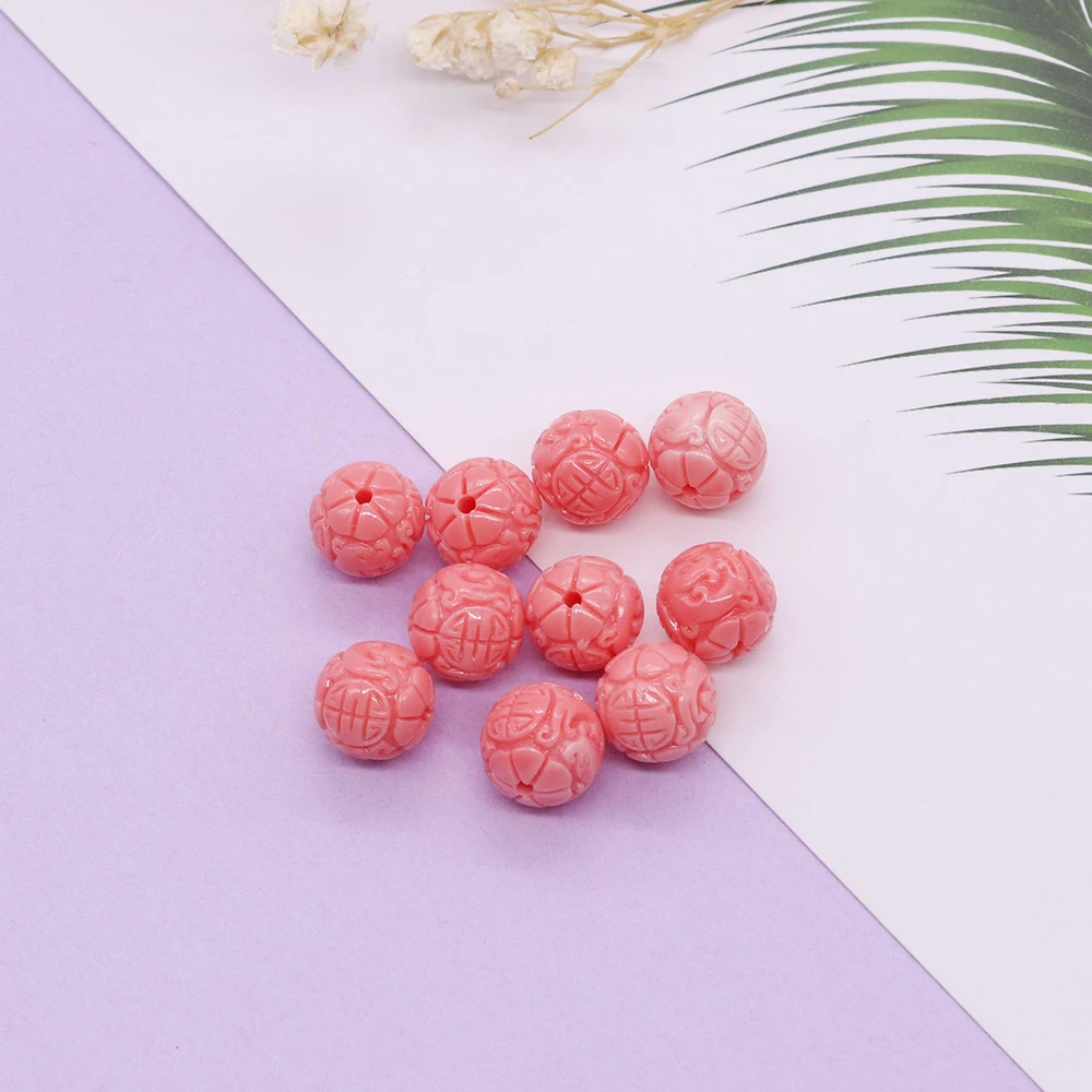 Wealth Pink Synthetic Coral Bead Carved Dragon Ball Coral Lucky Loose Beads for Jewelry Making DIY Earring Bracelet Necklace