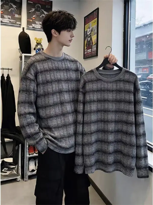 Color Block Plaid Hollow out Long Sleeve Men's Hoodie Loose Fit Comfortable Base Shirt Hip Hop Style Autumn Wear Casual Top
