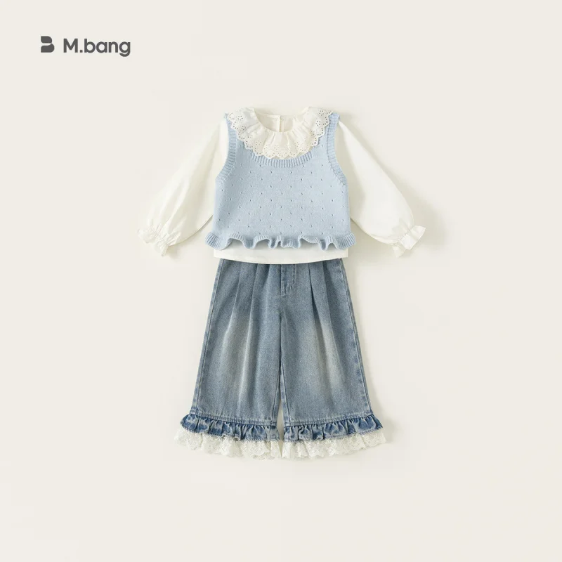 Youbao children's clothing girls' set: solid color knitted vest, white shirt, jeans, stylish three-piece set for kids