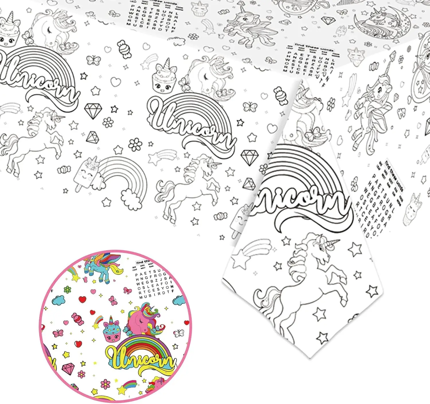 Mantel gigante para colorear para niños, manteles de papel, mantel rectangular, arte de fiesta, arte de unicornio, 130x220cm