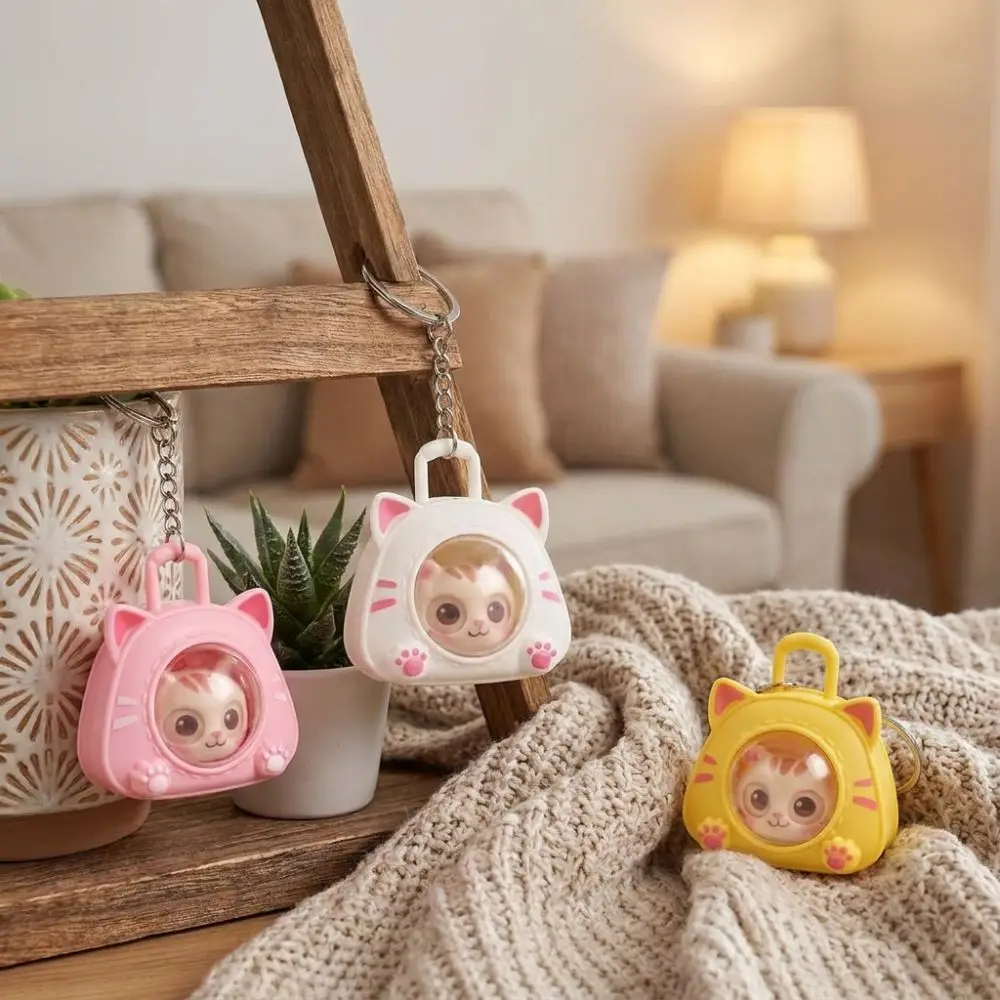 Cartoon Eye Changing Cat Bag Keychain Funny Multi Expression Cat Squeeze Sound Charm One Click Face Plastic