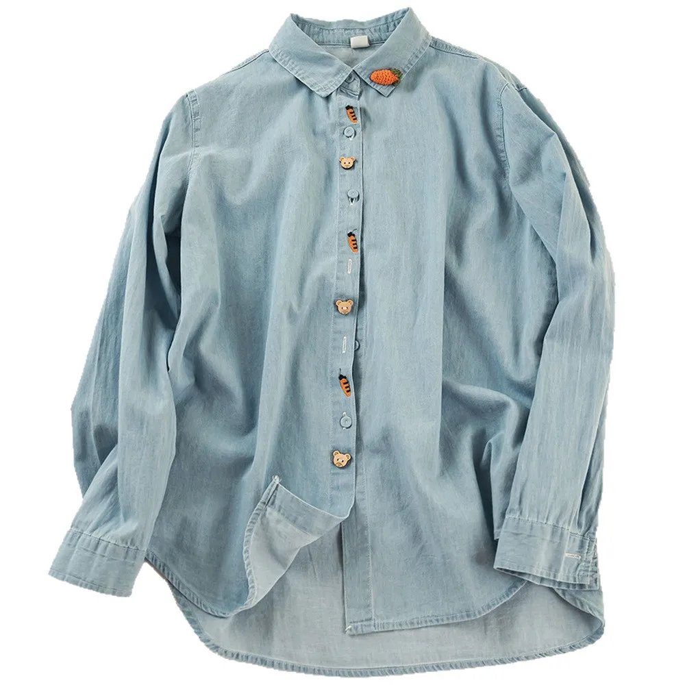 Women Embroidered Denim Shirt Lapel Long Sleeve Button Down Loose Casual Vintage Blouse Ladies Daily Wear Tops - view 3