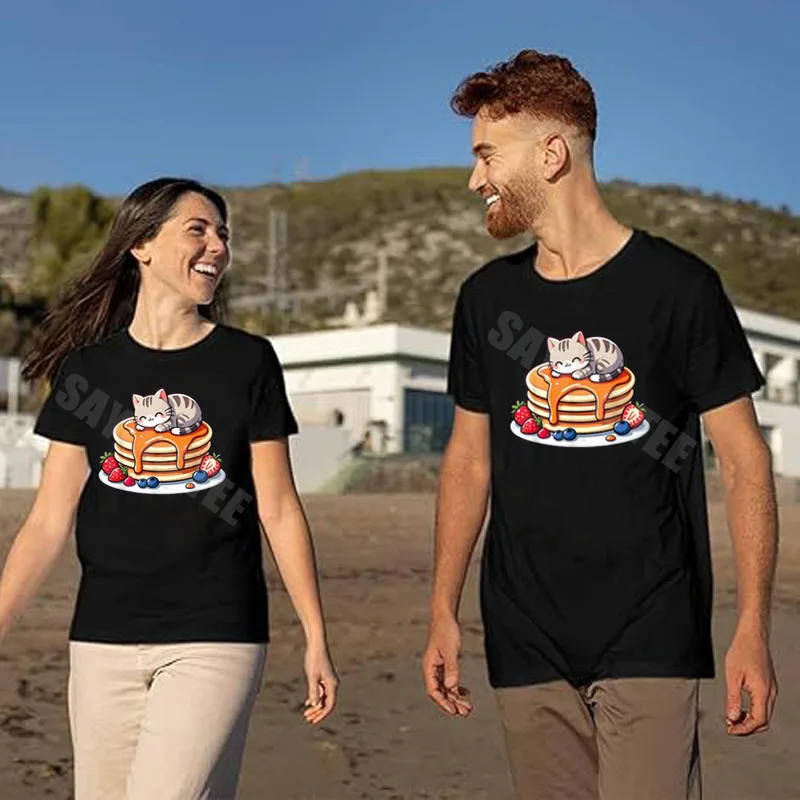 Kawaii Cat Nap on Pancakes Anime Breakfast Cute Art Fun Meow T-Shirt Y2k Foodie Graphic Outfit Funny Birthday Tees Novelty Gifts