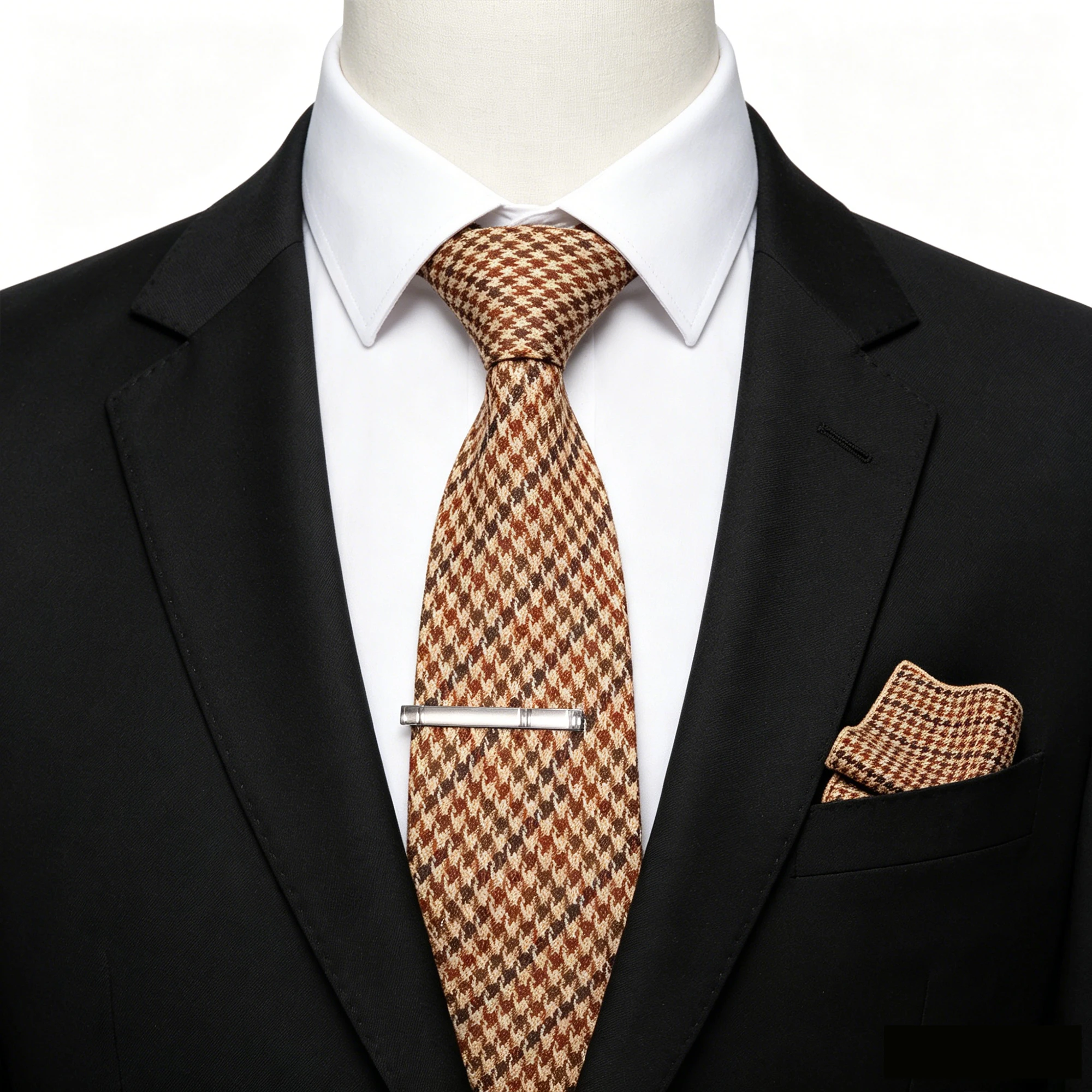 Klassische Wollkrawatte für Herren, braun-grau, gestreift, kariert, einfarbig, Kaschmir-Krawatte, Einstecktuch-Set, Hochzeitsaccessoire, Geschenk – Detail 11