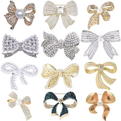 Rhinestone Bow Brooches for Women Unisex Pearl Bow Knot Pins Banquet Party Backpack Gifts Jewelry Accessories