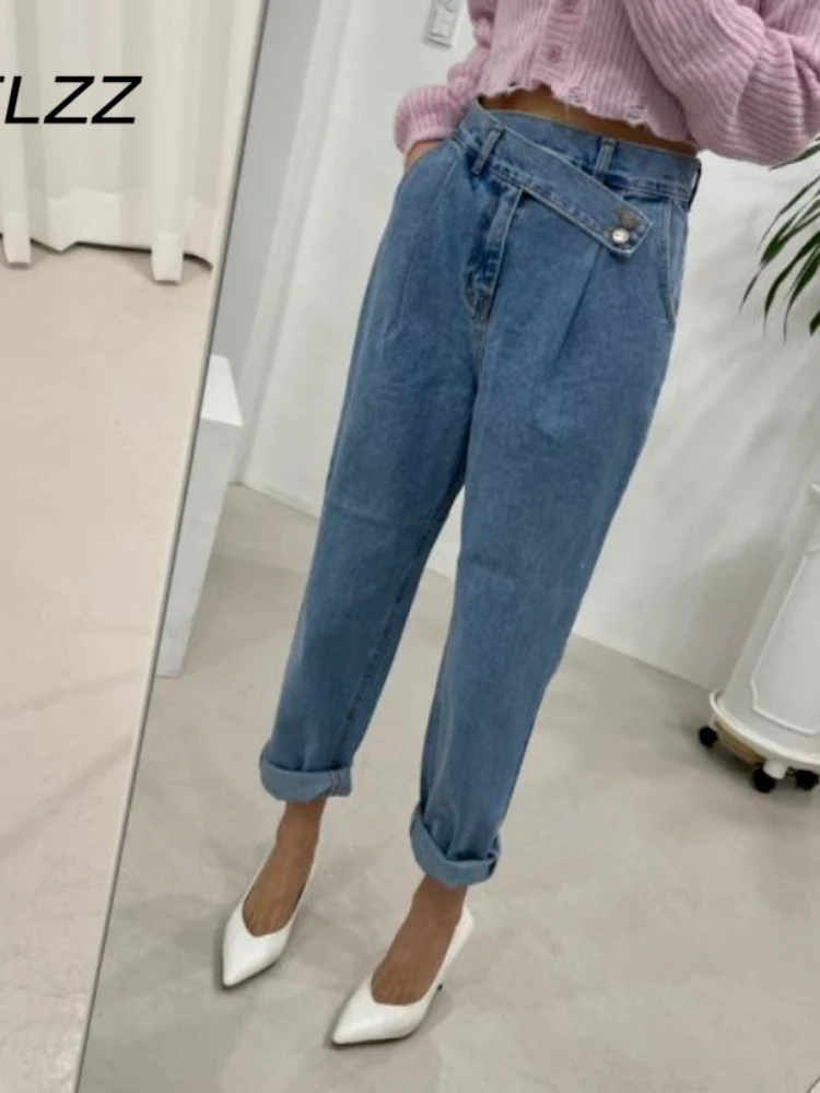 Spot retro straight harem pants women high waist baggy calf length jeans pants woman casual korean chic denim pants