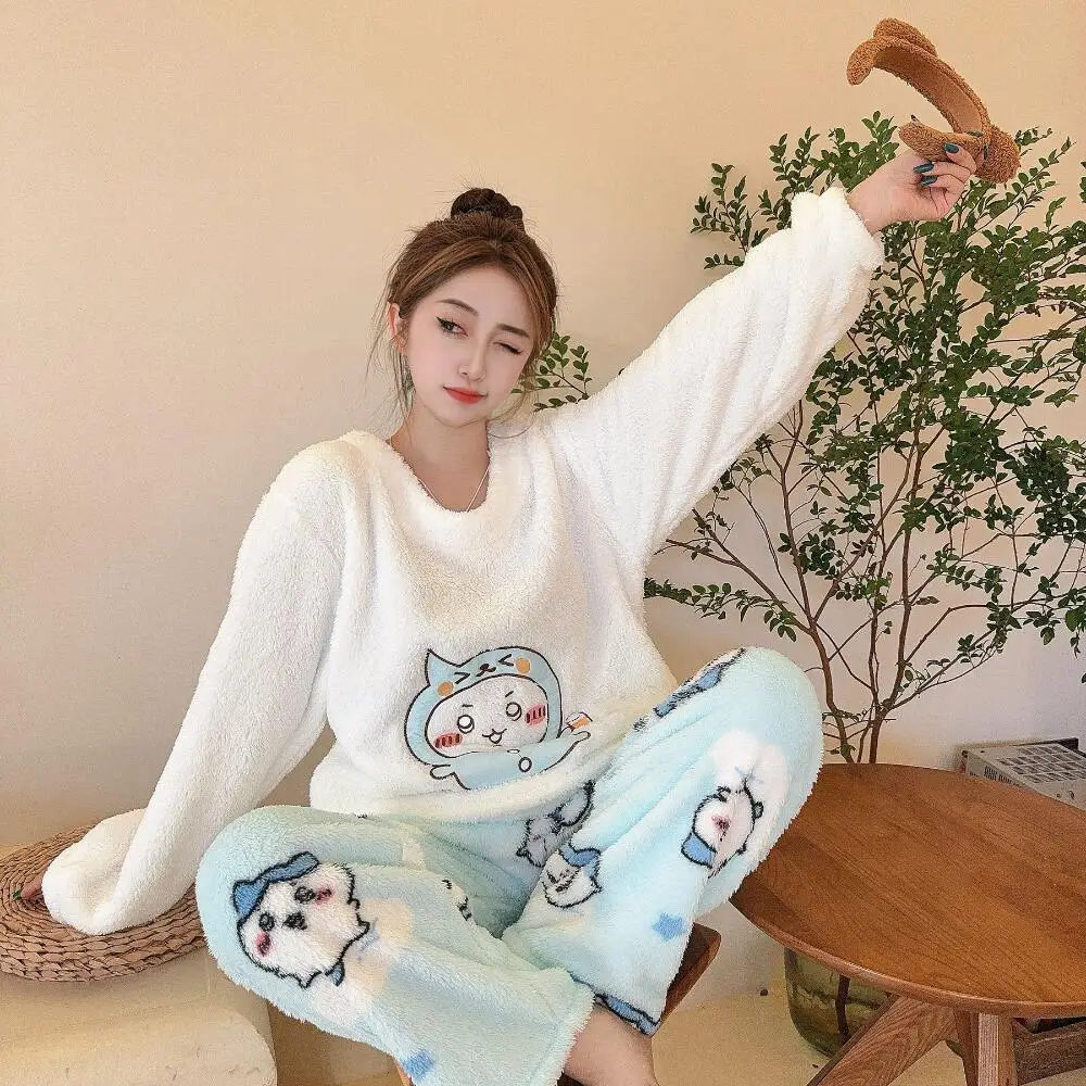 

Женские пижамы в стиле аниме Usagi Chiikawa, хлопковые теплые кавайные пижамы, студенческие пижамы, брюки, зимняя теплая одежда для сна для девочек