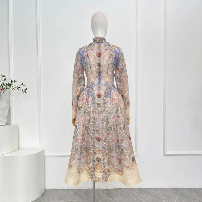 Damska sukienka jedwabna w kwiatowy wzór, sukienki midi ze stójką, długi rękaw, fioletowa vintage jesień nowość 2025