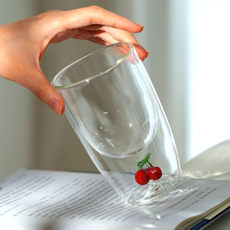 3D Fruit Double-layer Insulated Glass Cup, Handmade Coffee Cup, Household Public Thick Milk Cup, Fashionable and Cute for Women