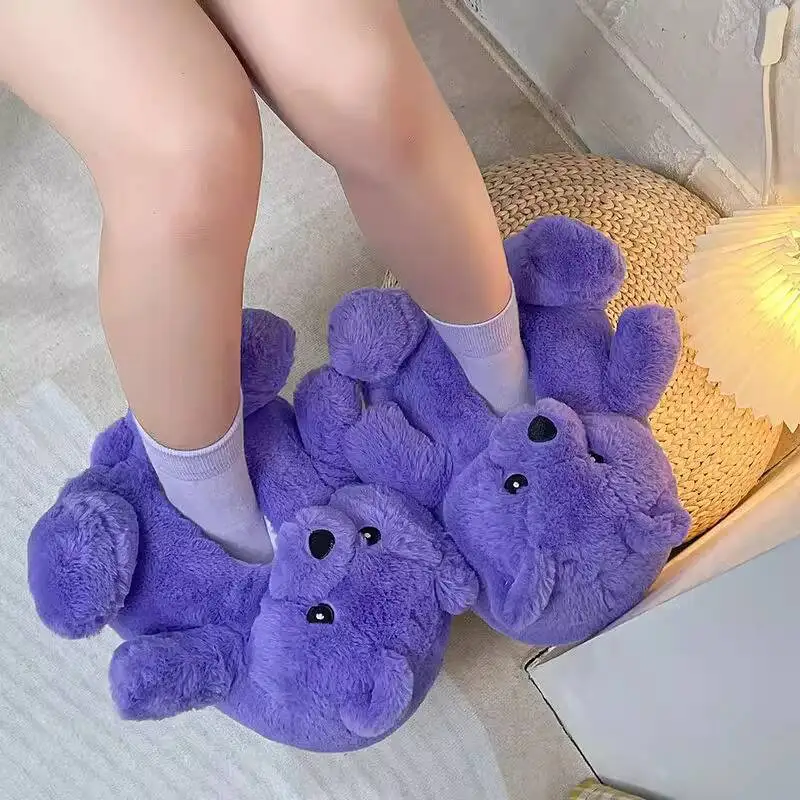 Large Cartoon Bear Home Slippers Cute Bear Plush Cotton Shoes Heel Covered Warm Furry Indoor Household Nest Slippers image 3