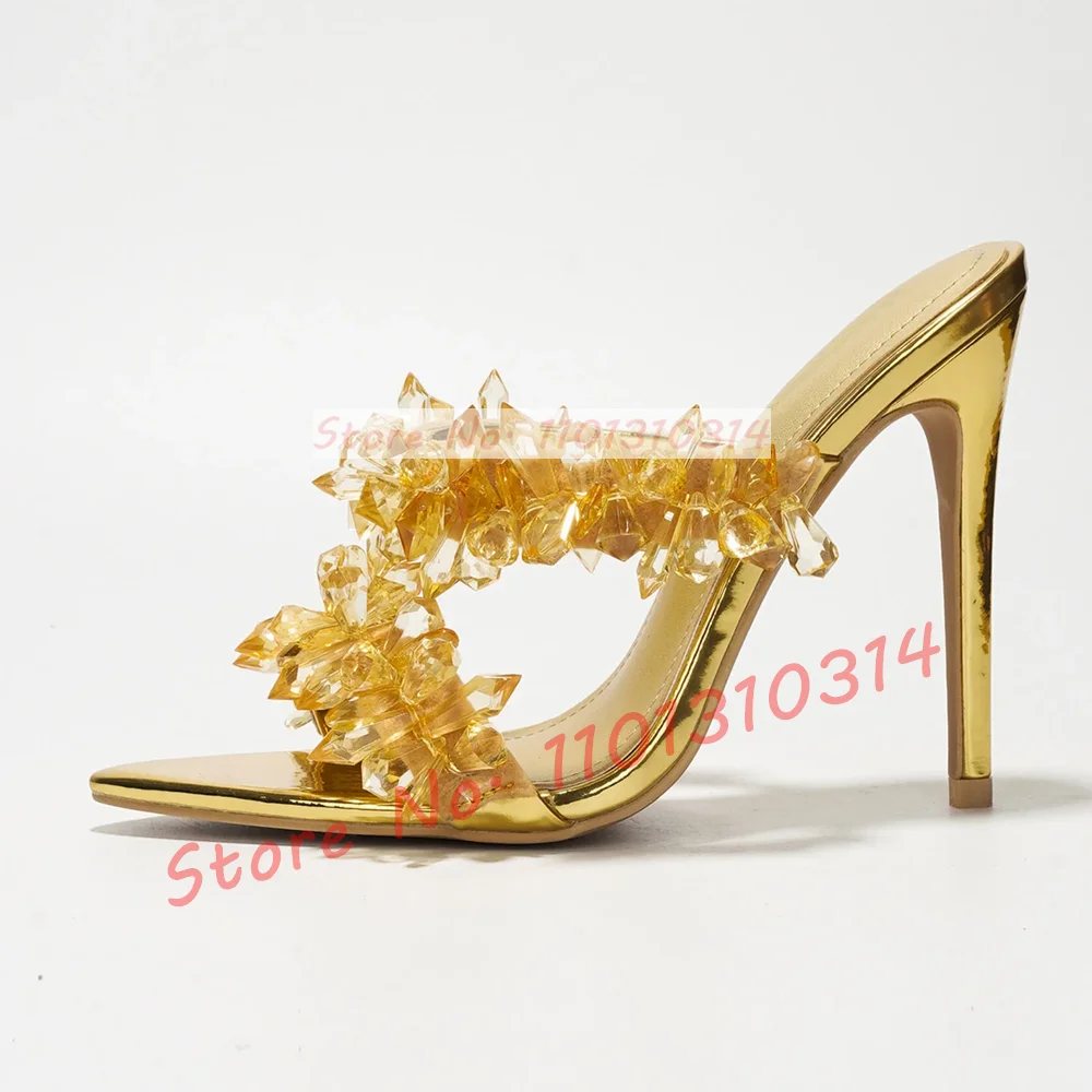 Dropped Crystal Gold Mules Women Sparkly Pointy Open Toe Wedding Party High Thin Heels Shoes Sweet Girls Summer Holiday Slippers