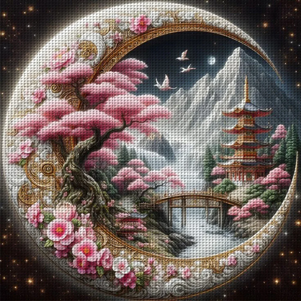 Cherry Moon Pagoda Kreuzstich-Set zum Selbermachen, 11CT-Stickerei, Heimwanddekoration, Geschenk, handgefertigtes Material, rahmenlos, halbfertig, 36 x 36 cm