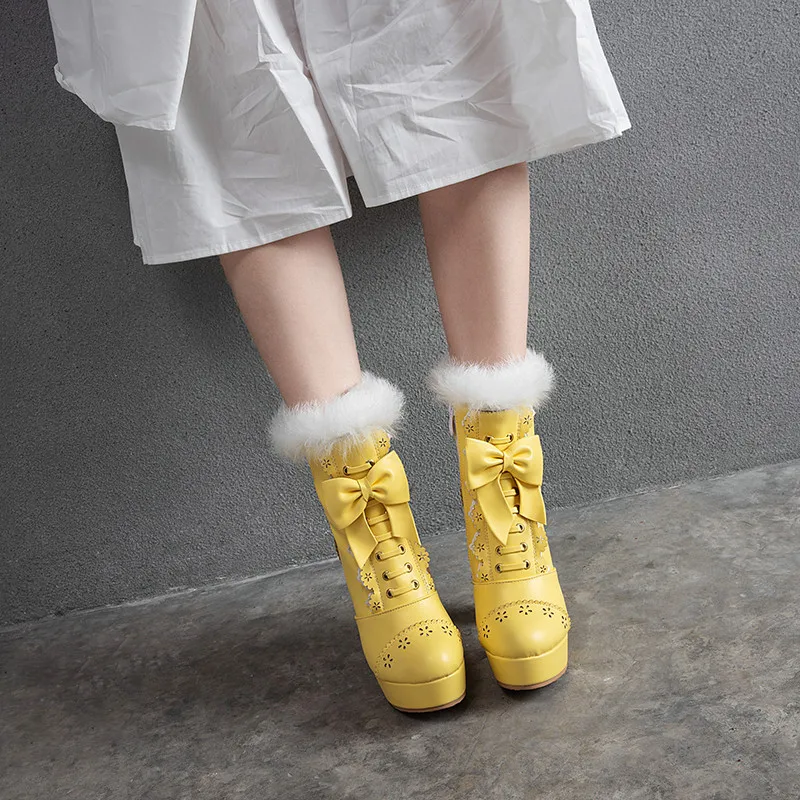 

YMECHIC Winter Platform High Heels Ruffles Lolita Shoes Rabbit Fur Tassel Fashion Bowtie Ladies Ankle Boots Yellow Green 2025