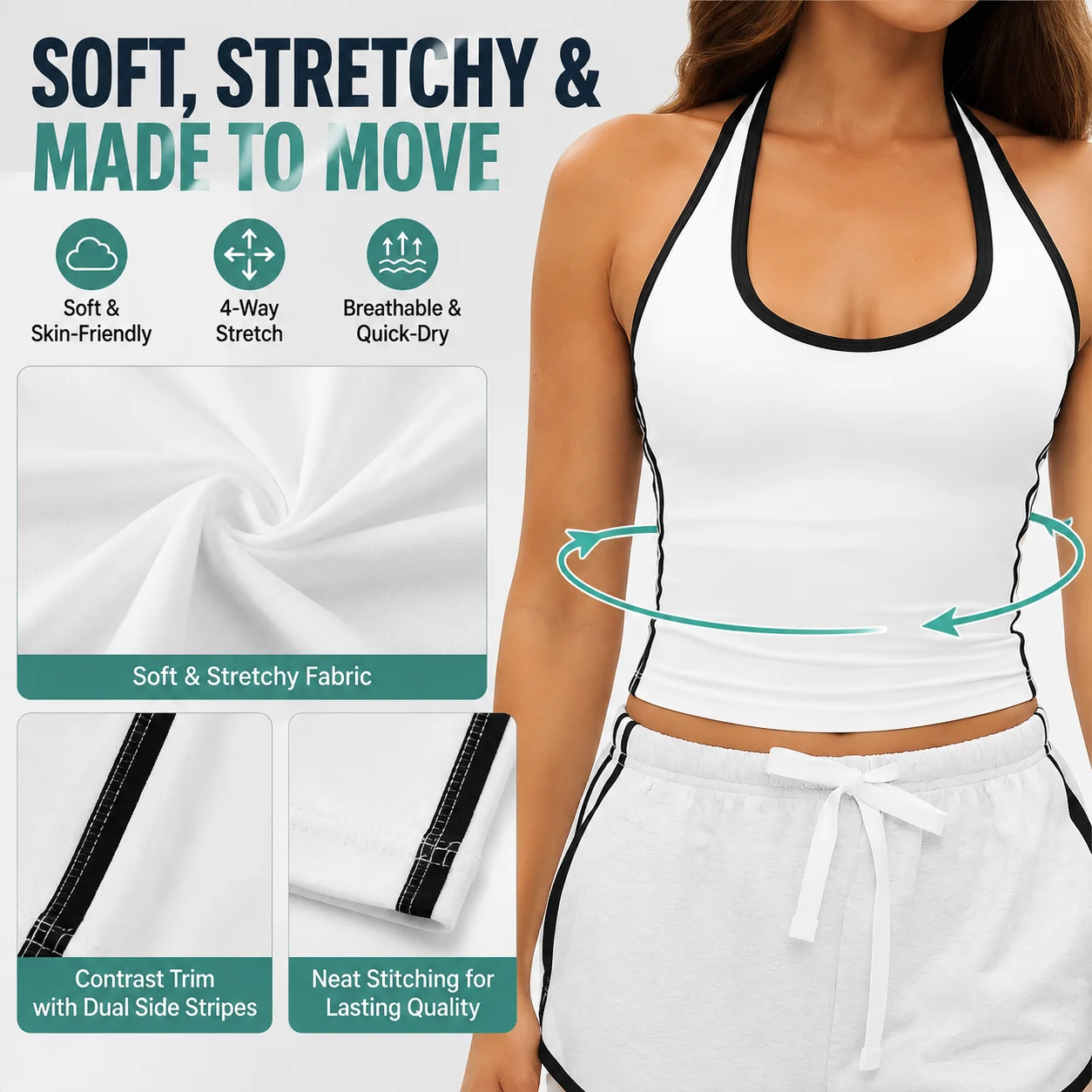 Women's Contrast Trim Halter Longline Tank Top - Open Back Soft Stretchy Yoga Gym Top, Multiple Colors, S-XL