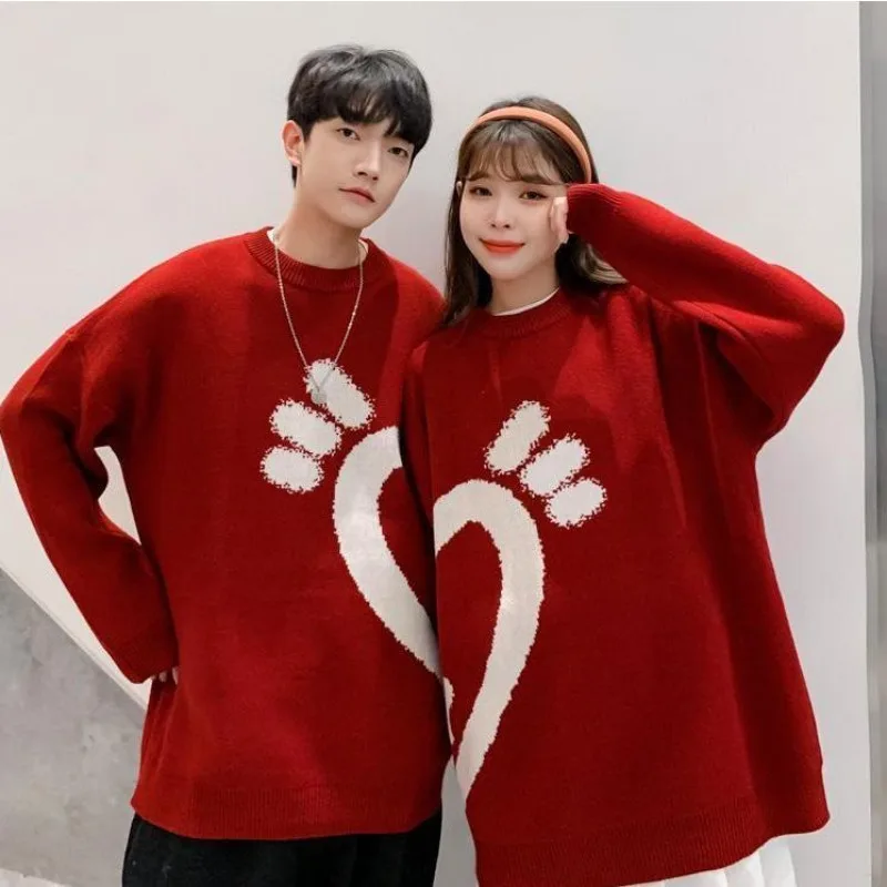 New Couple Christmas Sweater Men and Women Round Neck Thicken Autumn and Winter New Year Pullover Red Love Knitted Sweater Men