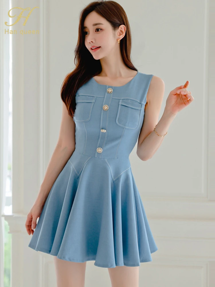 H Han Queen 2024 Summer Clothing Elegant Party Dresses 2024 Sleeveless Fashion Simple A-Line Vestidos Casual Office Short Dress