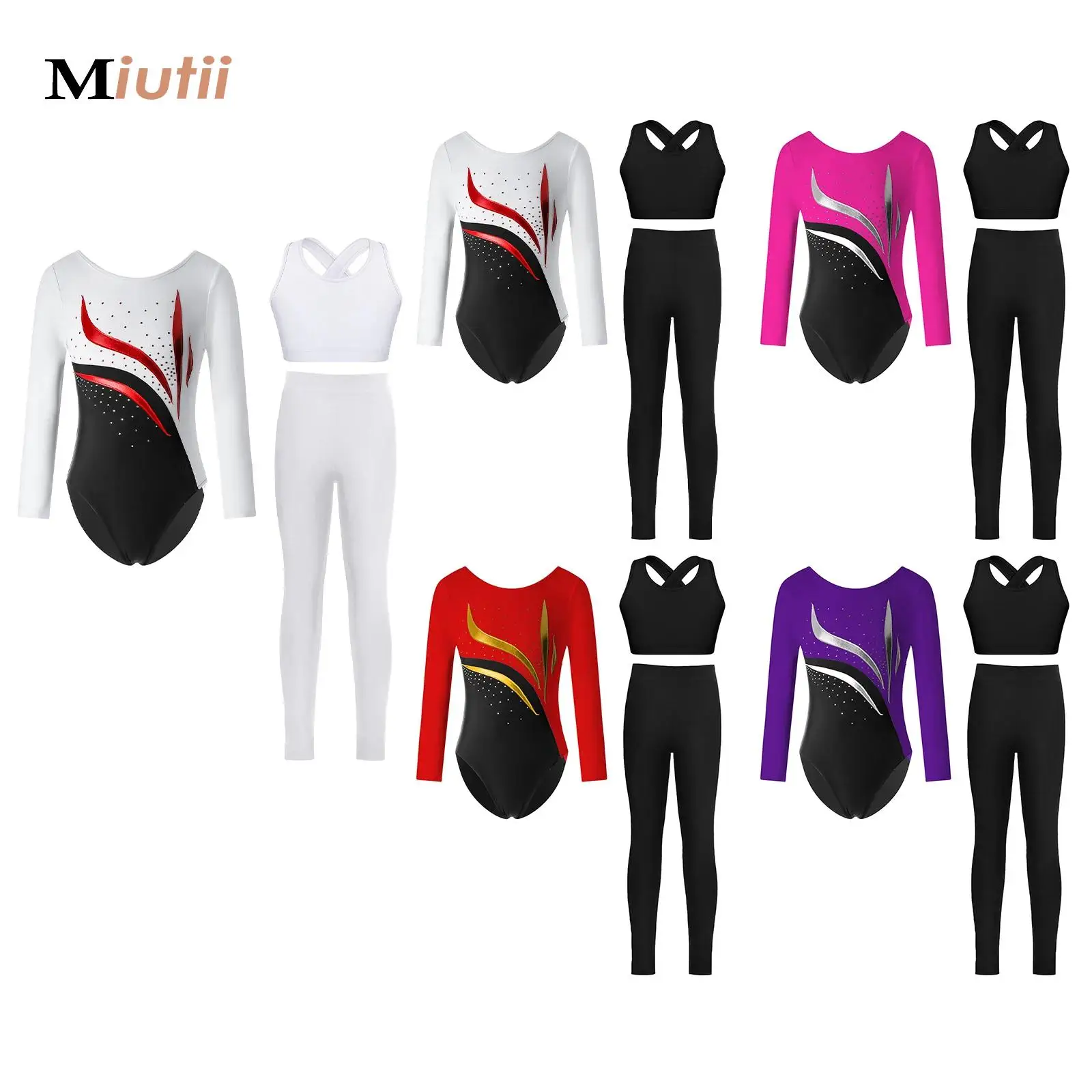 

Kids Girls Gymnastics Dance Outfit Long Sleeve Rhinestone Leotard with Leggings and Vest Stage Dance Competition Clothes Set
