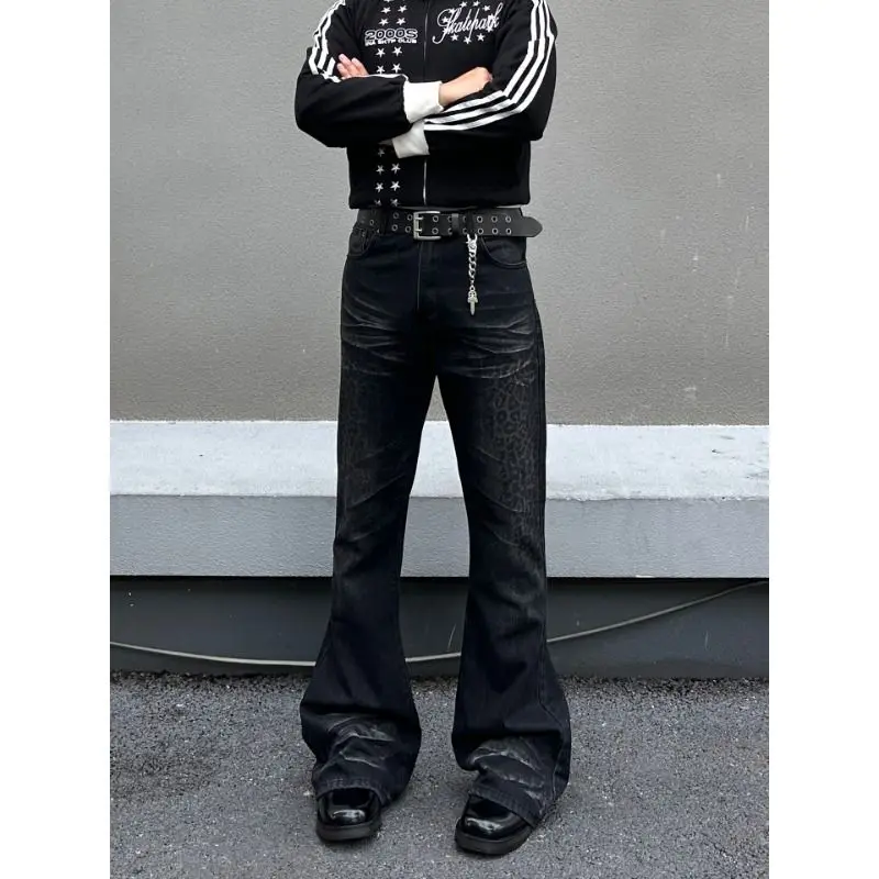 Men's Black Leopard Print Pattern Jeans 90s Boys Bottom High Waist Sweatpants Y2k Wide-leg Denim Trousers Male Casual Pants