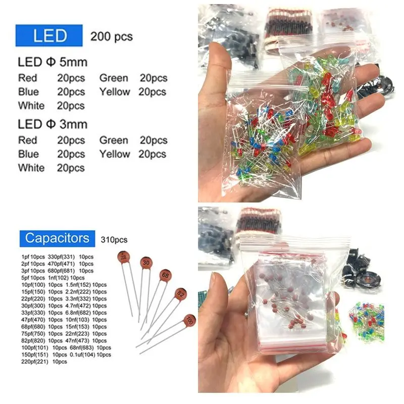 1900pcs Component Box Kit with Electrolytic Capacitors LED Diodes Transistors 1/4W Resistors