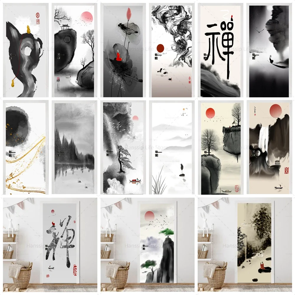 

Oriental Traditional Chinese Style Door Sticker Self Adhesive Retro Black Ink Painting Zen Design Door Mural Stickers Wallpaper