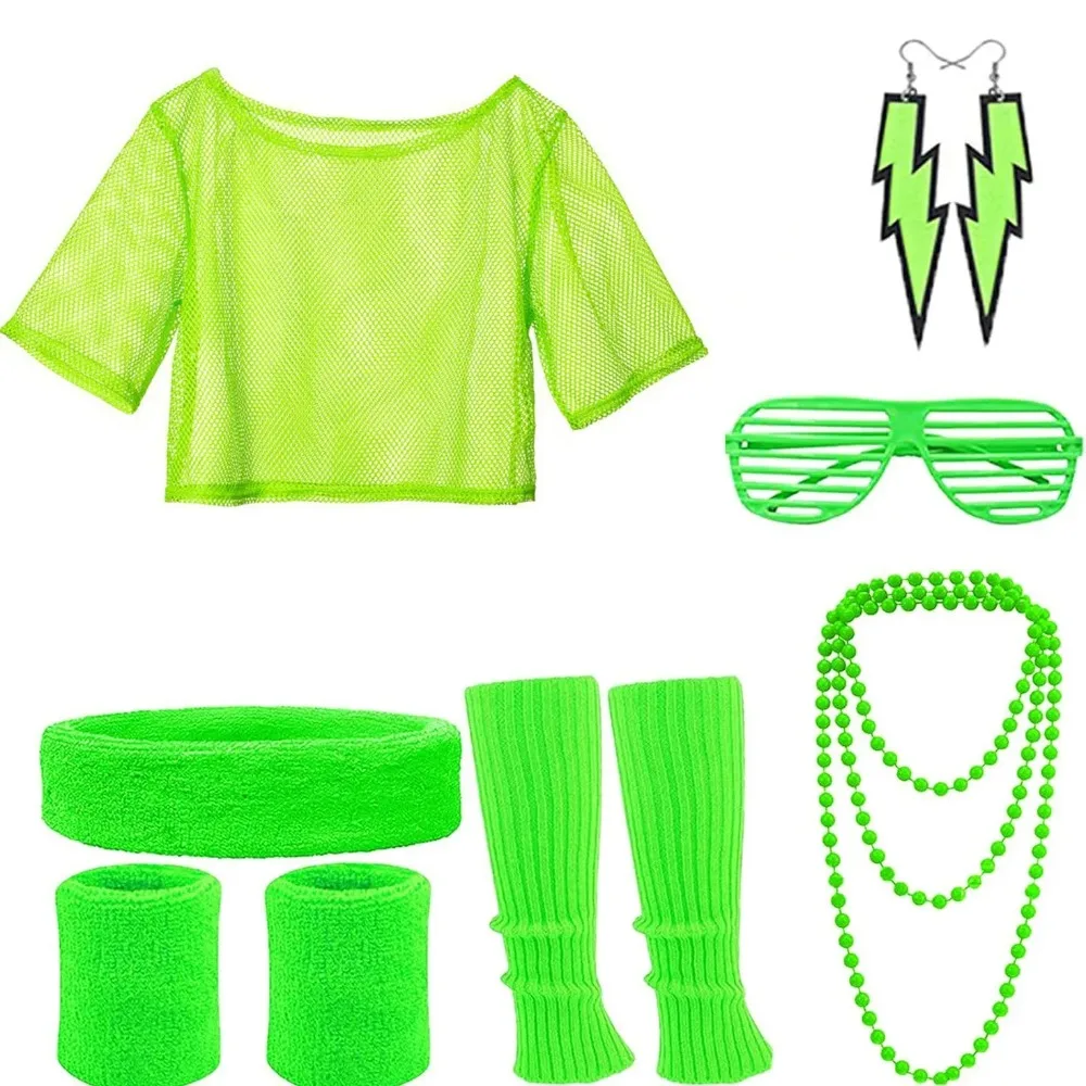 80s Retro Neon Costume Accessory Set Mesh Crop Top Wristbands Shutter Shades Lightning Earrings Beaded Necklace Disco Party - view 5